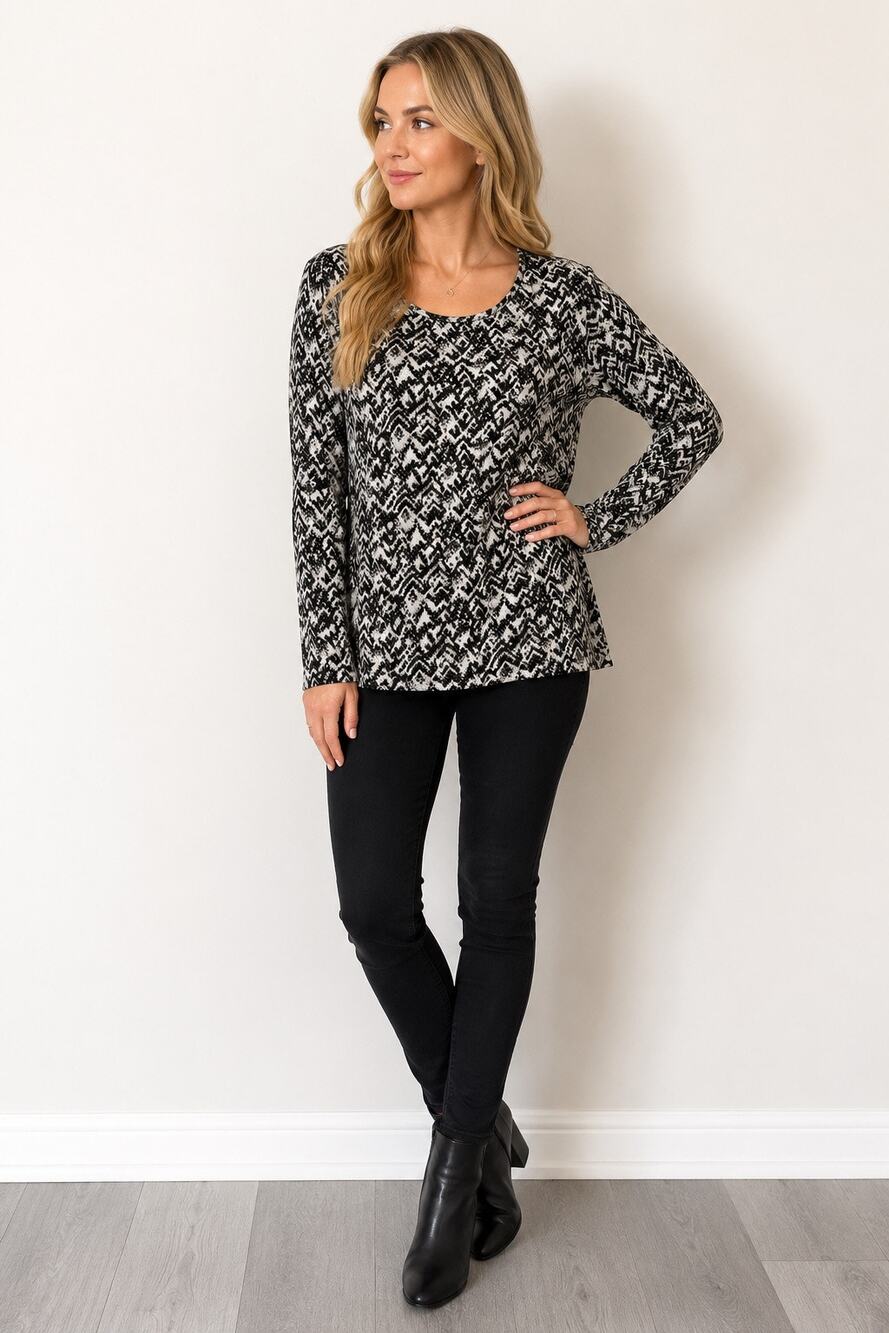 Mario Serrani Italy Women’s Large Black White Geometric Print Long Sleeve Top